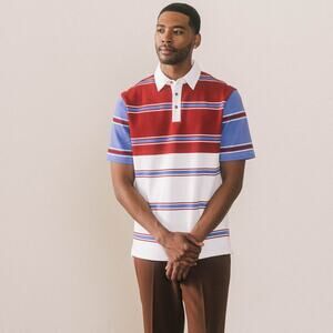 Bogey Boys Sz M Red Blue Triple Stripe Goat Pique Short Sleeve Golf Polo Short
